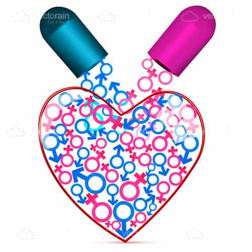 Abstract Heart with Capsule Pouring Male and Female Symbols